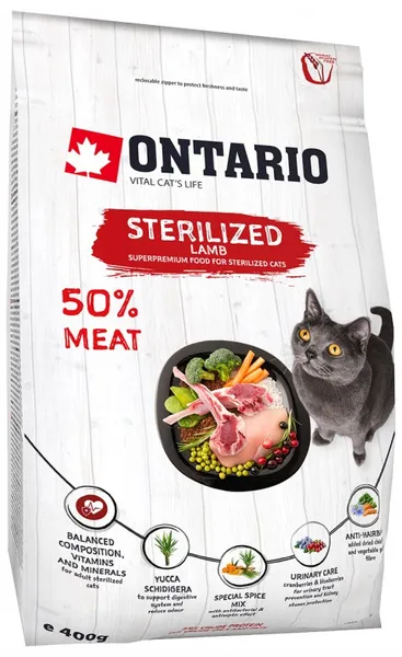 Sausā barība kaķiem ONTARIO Sterilised, ar jēru, 400g