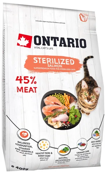 Sausā barība kaķiem ONTARIO Sterilised, ar lasi, 400g