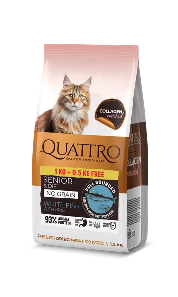 Sausā barība kaķiem-senioriem un kaķiem ar lieko svaru QUATTRO ar baltajām zivīm un krilu, 1.5kg (1+