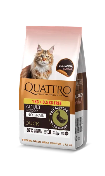 Sausā barība pieaugušiem, iekštelpās dzīvojošiem kaķiem QUATTRO ar pīles gaļu, 1.5kg (1+0.5kg)