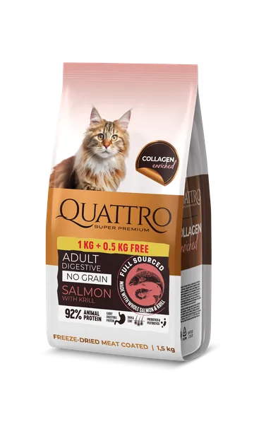 Sausā barība pieaugušiem kaķiem ar jutīgu gremošanu QUATTRO ar lasi, krilu un kolagēnu, 1.5kg (1+0.5