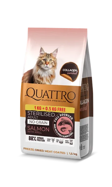 Sausā barība pieaugušiem sterilizētiem kaķiem QUATTRO ar lasi, krilu un kolagēnu, 1.5kg (1+0.5kg)