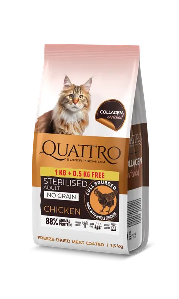 Sausā barība pieaugušiem, sterilizētiem kaķiem QUATTRO ar vistas gaļu un kolagēnu, 1.5kg (1+0.5kg)