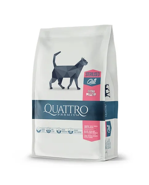 Sausā barība sterilizētiem kaķiem QUATTRO Premium, visām sugām, ar mājputn, 1.5kg