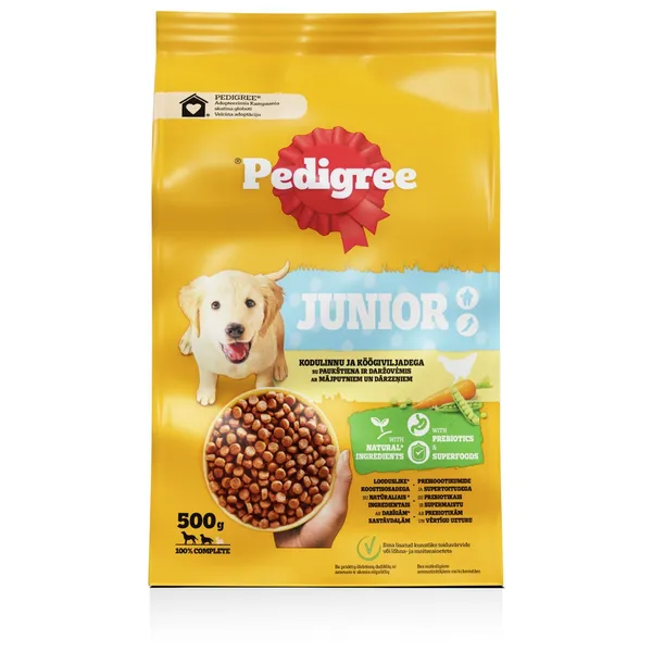 Sausā barība suņiem Pedigree Junior ar mājputniem un dārzeņiem, 500g