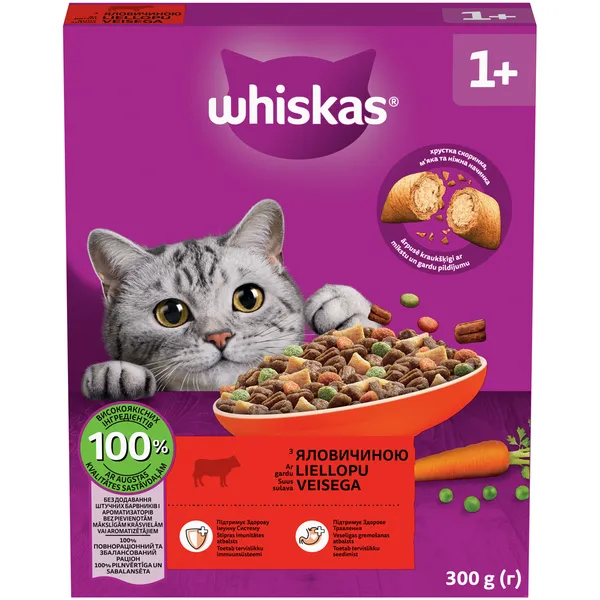 Sausā barība Whiskas Adult ar liellopa gaļu 300g NEW