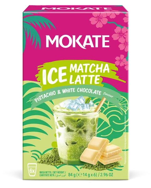 Šķīstošais dzērien MOKATE Aukstā MATCHA LATTE ar pistācijām un šokolādi 14gx6