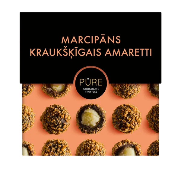 Šokolādes trifeles ar marcipāna krēma pildījumu un kraukšķīgo Amareto cepumu dekoru  96g, PURE