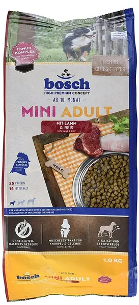 Suņu barība BOSCH ar jēra gaļu un rīsiem, mazo šķirņu pieaugušiem suņiem, 1kg
