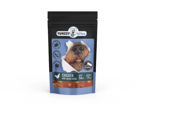 Suņu gardums YUMZZY BITES vistas strēmelītes ar sieru, 75g