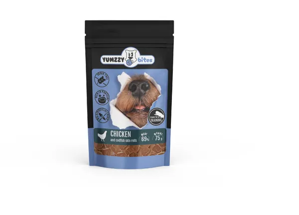 Suņu gardums YUMZZY BITES vistas un mencas rullīši, 75g