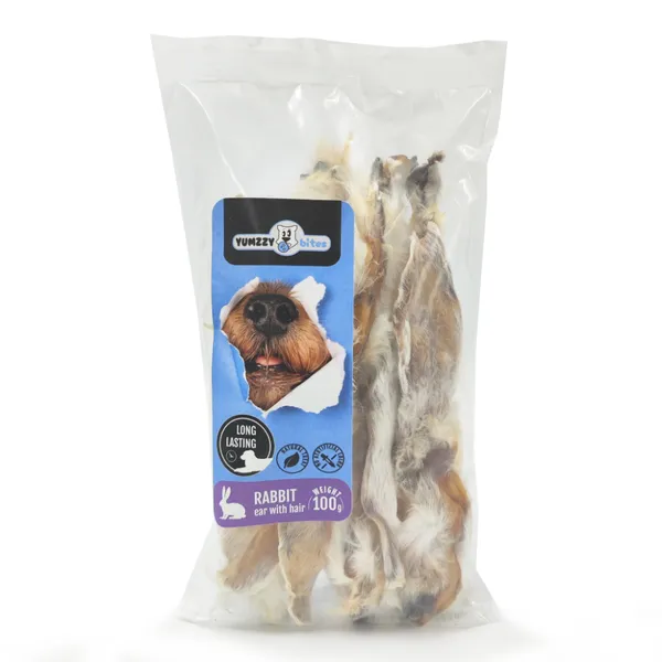 Suņu gardums YUMZZY BITES, žāvētas truša ausis, ar kažokādu, 100g