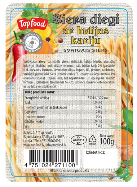 Svaigais siers TOP FOOD, "Siera diegi ar Indija Kariju", 100g