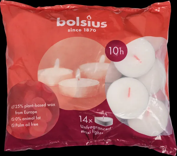 Tējas sveces BOLSIUS Maxilight, baltas, D 6 cm, 10st., 14gab