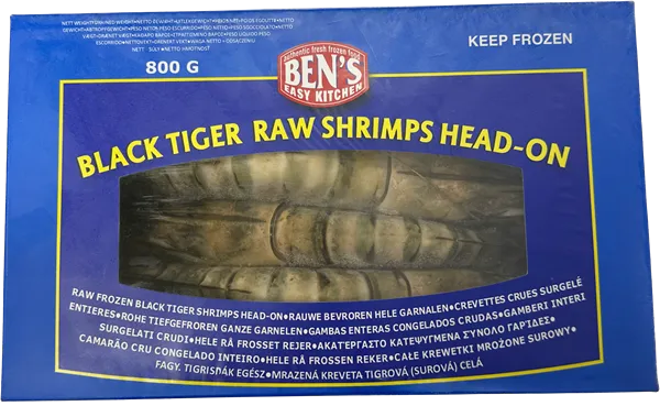 Tīģergarneles BEN’S, saldētas, 8/12, jēlas, ar galvu, ar čaulu, 20% glazūra, 800g/ 1kg BT HOSO RAW