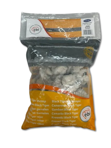 Tīģergarneles, saldētas, 16/20, jēlas, tīrītas, bez astes, 20% glazūra, 800g/1kg  BT PD RAW