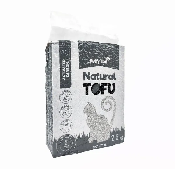 Tofu pakaiši kaķiem PUFFY TAIL, ar aktivēto ogli, 2 mm granulas, 2.5kg