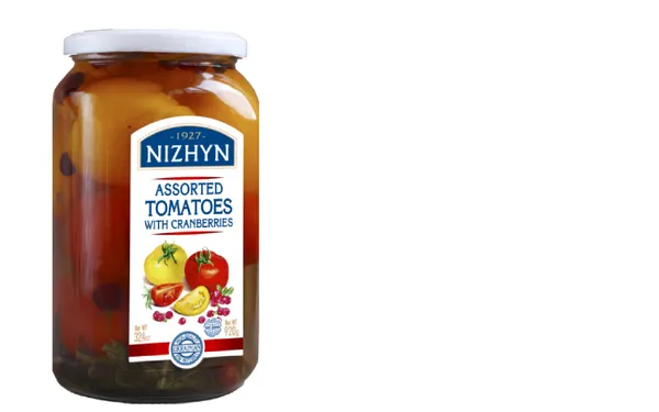 Tomāti, marinēti, dzeltenie un sarkanie NIZHYN ar dzērvenēm, 920g/524g