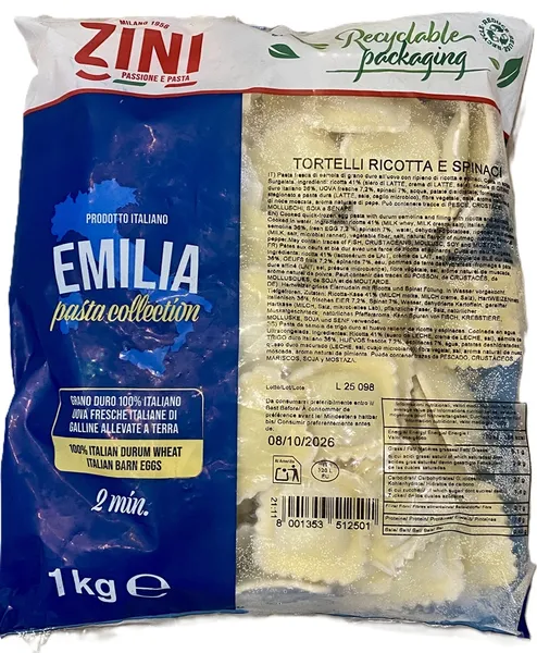 Tortelli ZINI, ar ricotas sieru un spinātiem, 1kg