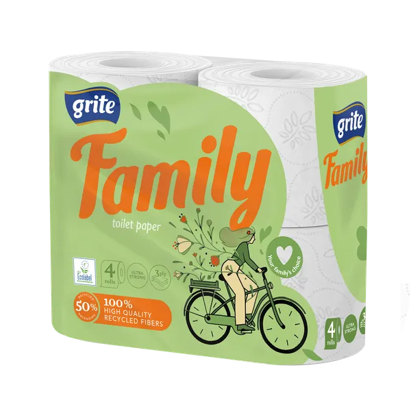 Tualetes papīrs Grite Family 4 ruļļi, 3 slāņu,  150 loksnes, 18.75m