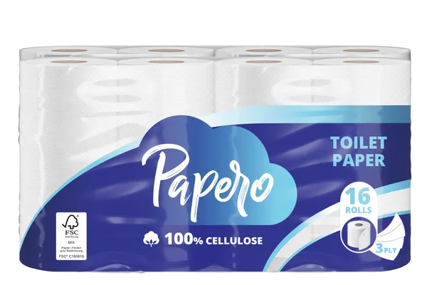 Tualetes papīrs PAPERO, 3 slāņi, 15.37 m, 145 loksnes, 16 ruļļi