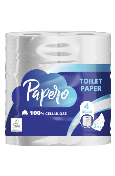 Tualetes papīrs PAPERO, 3 slāņi, 15.95 m, 145 loksnes, 4 ruļļi
