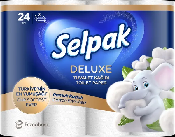 Tualetes papīrs SELPAK Deluxe Cotton, 3 slāņi, 15.6m, 130 loksnes, 24 ruļļi