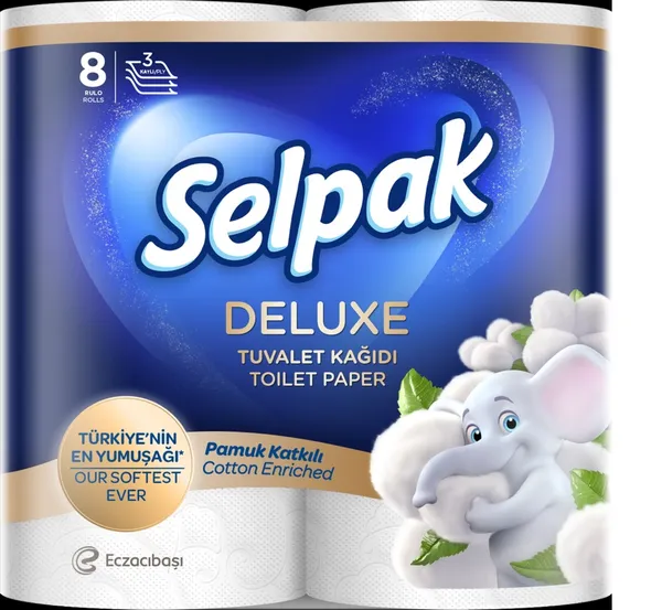Tualetes papīrs SELPAK Deluxe Cotton, 3 slāņi, 15.6m, 130 loksnes, 8 ruļļi