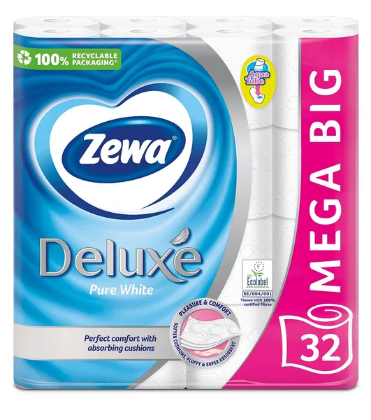 Tualetes papīrs ZEWA Deluxe Pure White 3 slāņi, 17.4 metri, 145 loksnes, 32 ruļļi