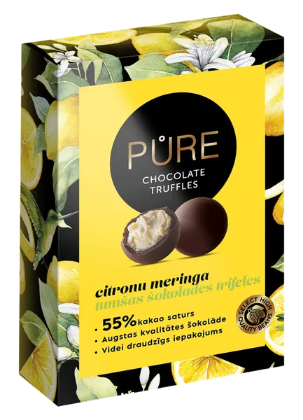 Tumšās šokolādes trifeles ar kraukšķīgo citronu meringas krēma pildījumu 148g, PURE