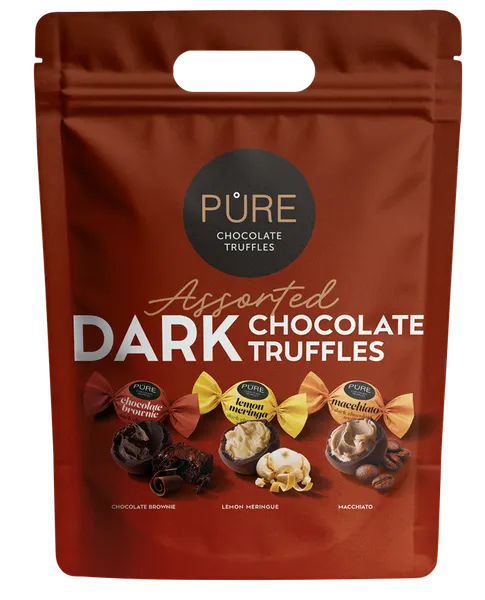 Tumšās šokolādes trifeles ar pildījumiem "ASORTI" 500g PURE Doypack