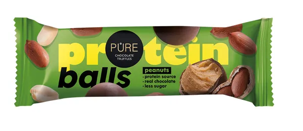 Tumšās šokolādes trifeles ar proteīna zemesriekstu krēma pildījumu 40g PURE