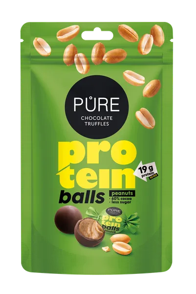 Tumšās šokolādes trifeles ar proteīna zemesriekstu krēma pildījumu 91g PURE
