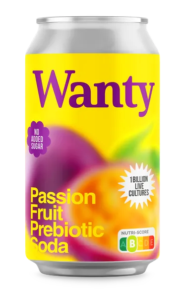 Ūdens WANTY, ar pasifloras augļu garšu un prebiotiku, bundžā, 0.33l (DEP)