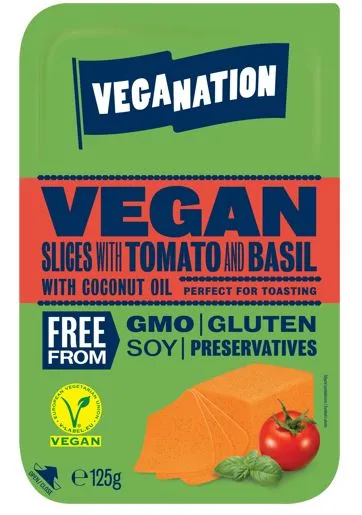 Veģetāriskais siers uz augu tauku bāzes ar tomātu un baziliku VEGANATION, šķēlēs, 125 g