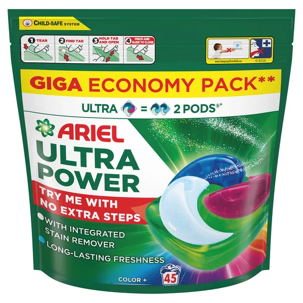 Veļas mazgāšanas kapsulas ARIEL Ultra Power Color+, 45 gab.