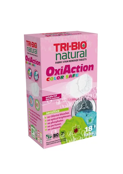 Veļas mazgāšanas tabletes TRI-BIO Oxi Action Sensitive BIO Color, 18 tab.
