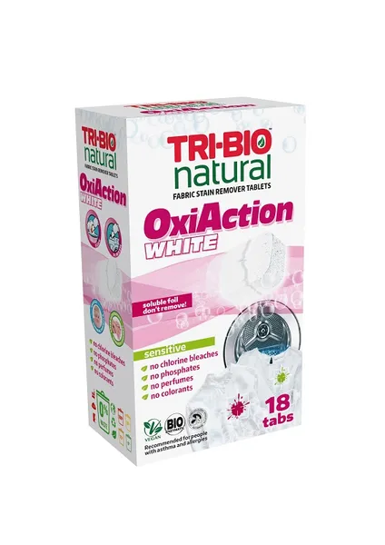 Veļas mazgāšanas tabletes TRI-BIO Oxi Action Sensitive BIO White, 18 tab.