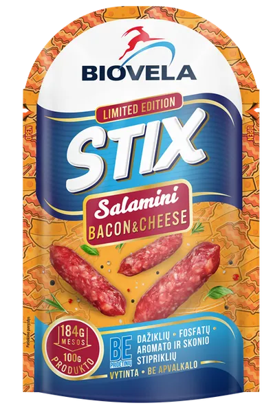 Vītinātas desiņas SALAMINI ar sieru un bekonu 80g BIOVELA
