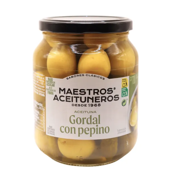 Zaļās olīvas Gordal bez kauliņem, ar pipargurķīšiem MAESTROS ACEITUNEROS, 700g/300g