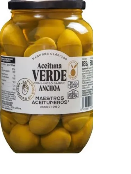 Zaļās olīvas Gordal MAESTROS ACEITUNEROS, ar anšovu garšu, 835g/500g