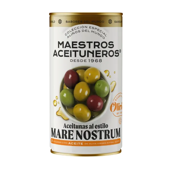 Zaļās un melnās olīvas ar kauliņiem MAESTROS ACEITUNEROS ''Mare Nostrum'' gaumē, 350g/185g