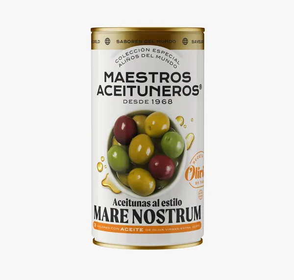 Zaļās un melnās olīvas ar kauliņiem MAESTROS ACEITUNEROS ''Mare Nostrum'' gaumē, 4.2kg/2.5kg