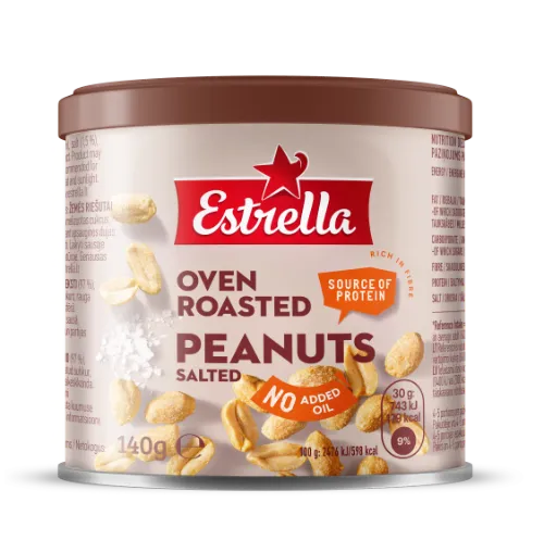 Zemesrieksti ESTRELLA, krāsni cepti, sālīti, grauzdēti, bundžā, 140g
