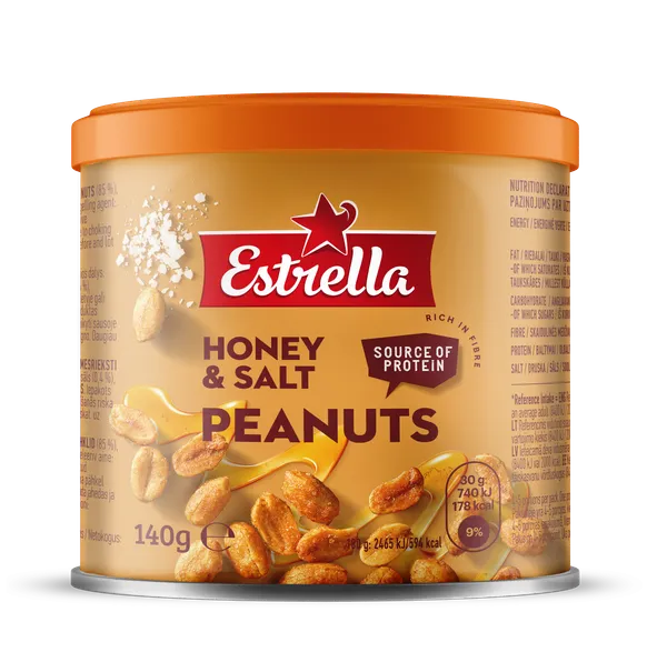 Zemesrieksti ESTRELLA, sālīti, grauzdēti, ar medu, bundžā, 140g