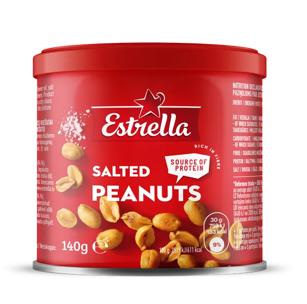 Zemesrieksti ESTRELLA, sālīti, grauzdēti, bundžā, 140g