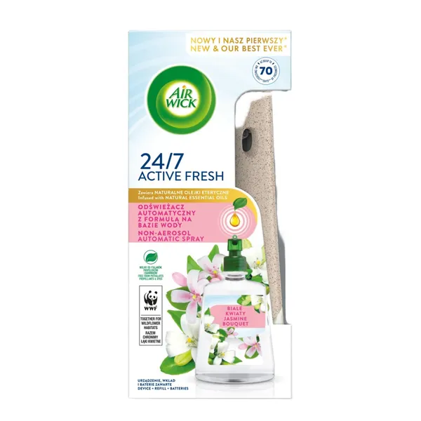 Air Wick Automātiskais gaisa atsvaidzinātājs bez aerosola ar "Jasmīnu pušķa" aromātu, komplekts, 228 ml.