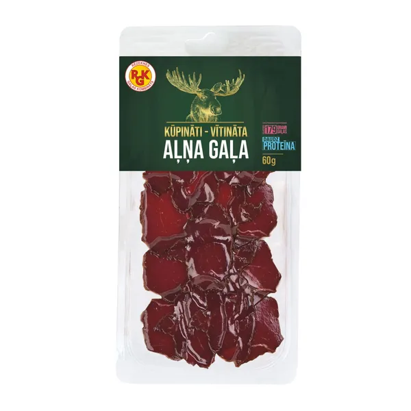 Aļņa gaļa kūpināti-vītināta šķēlēs, 60g