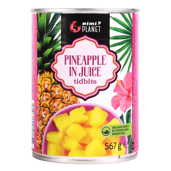 Konservēti ananasu gabaliņi sulā Rimi Planet 567g/340g