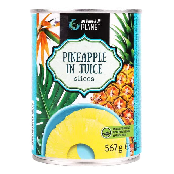 Konservētas ananasu šķēlītes sulā Rimi Planet 567g/340g
